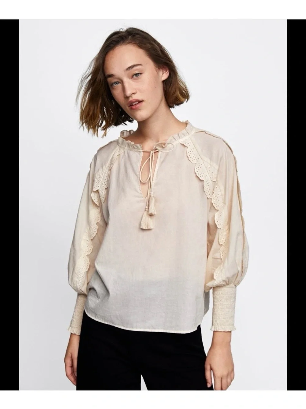 Zara Cream Ruffle Tie-Front Blouse with Tassels